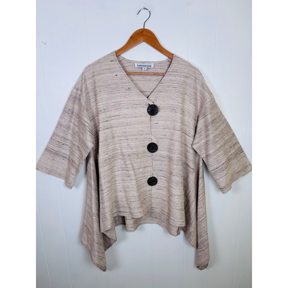 Caroline Rose‎ Woven Silk Big Wooden Button Down Jacket Handkerchief Hem Small